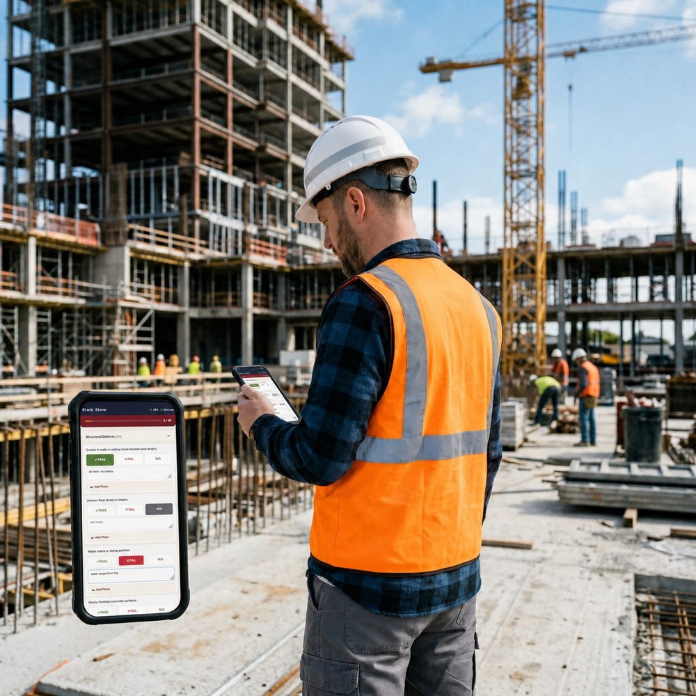 Site engineer running a Blackstone inspection checklist on a phone on an active construction site